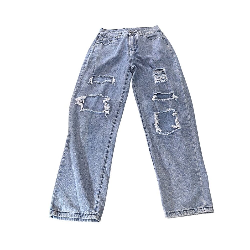 Ripped Relaxed Fit Blue Jeans For Women Size S 70% Cotton Made In China